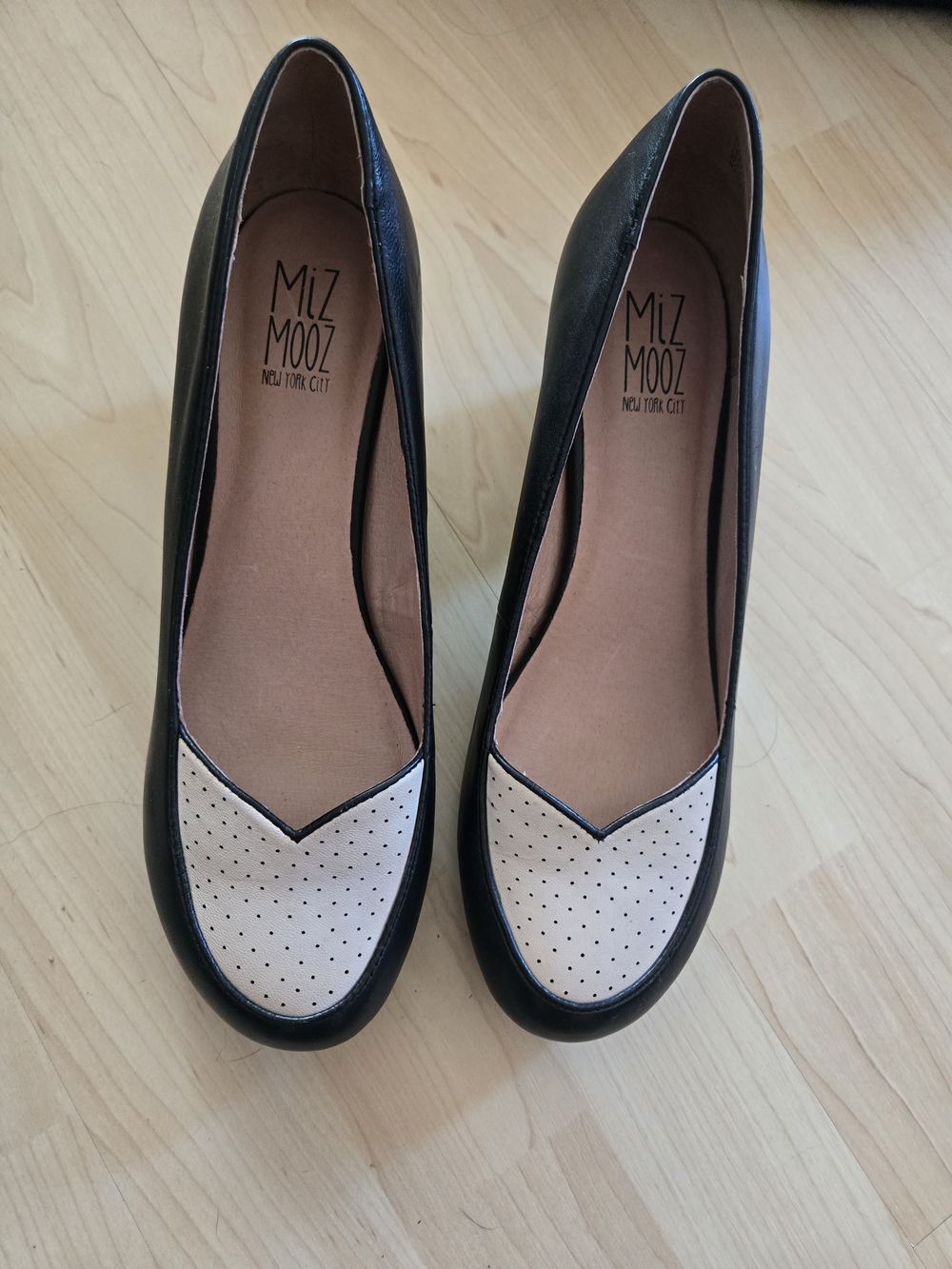 Miz Mooz Black Flats with Perforated Cream Toe